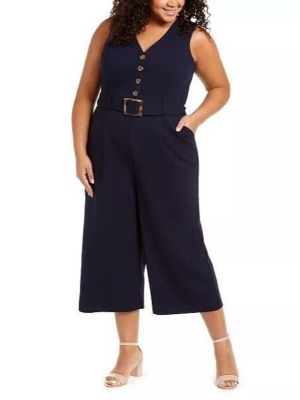 Calvin Klein Sleeveless Cropped Wide Leg V-Neck Belted Jumpsuit